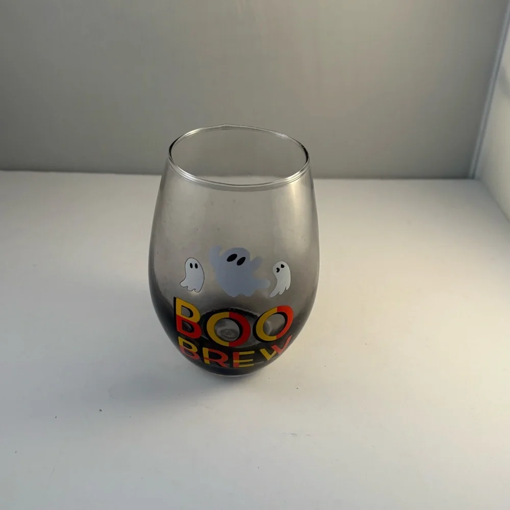Boo Brew Stemless Wine‎ Drinking Glass Halloween Ghost Dark Bottom Yellow Orange